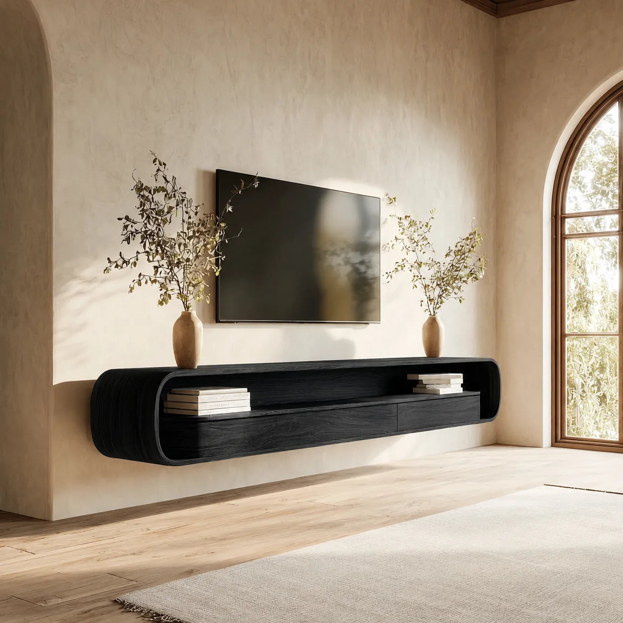 Floating Natural Solid Wood TV Stand with Curved Open Shelf Storage - Livewoodcraft - 4