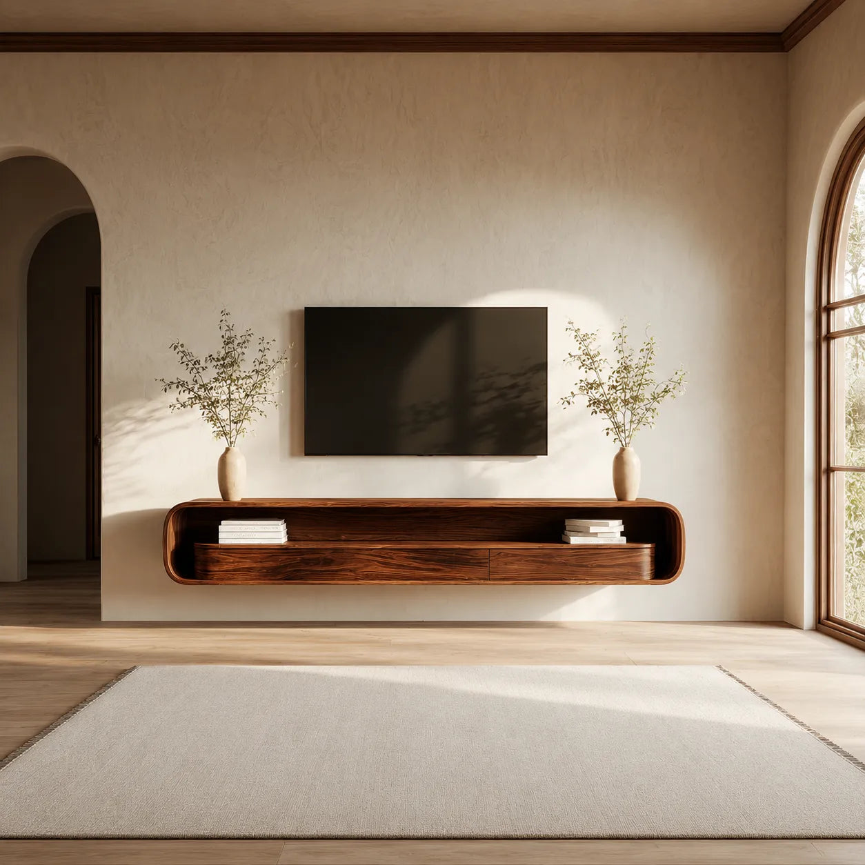 Floating Natural Solid Wood TV Stand with Curved Open Shelf Storage - Livewoodcraft - 5