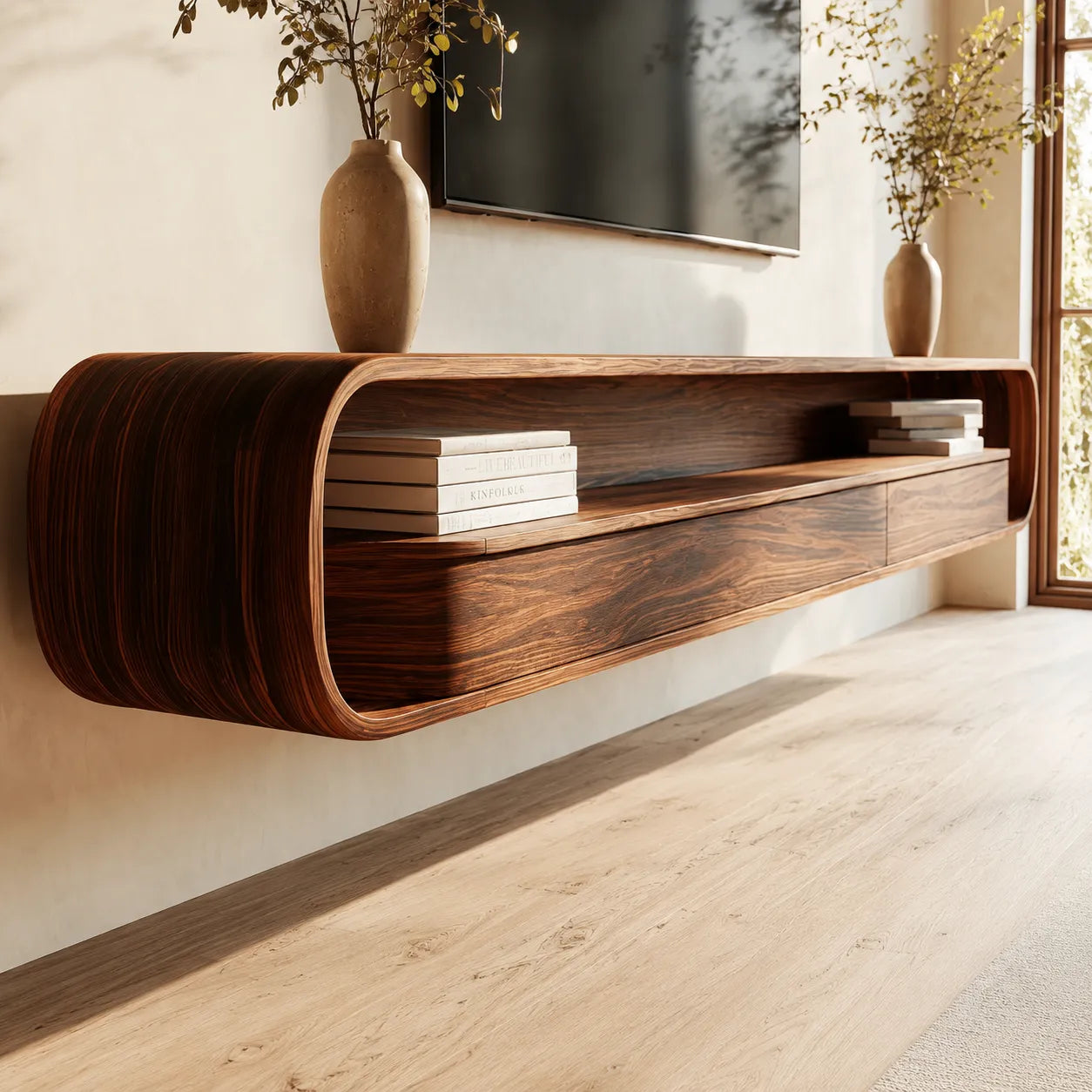 Floating Natural Solid Wood TV Stand with Curved Open Shelf Storage - Livewoodcraft - 6