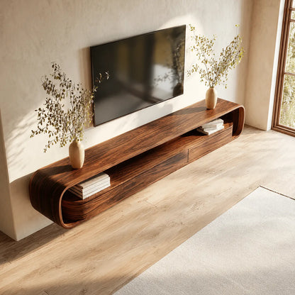 Floating Natural Solid Wood TV Stand with Curved Open Shelf Storage - Livewoodcraft - 7
