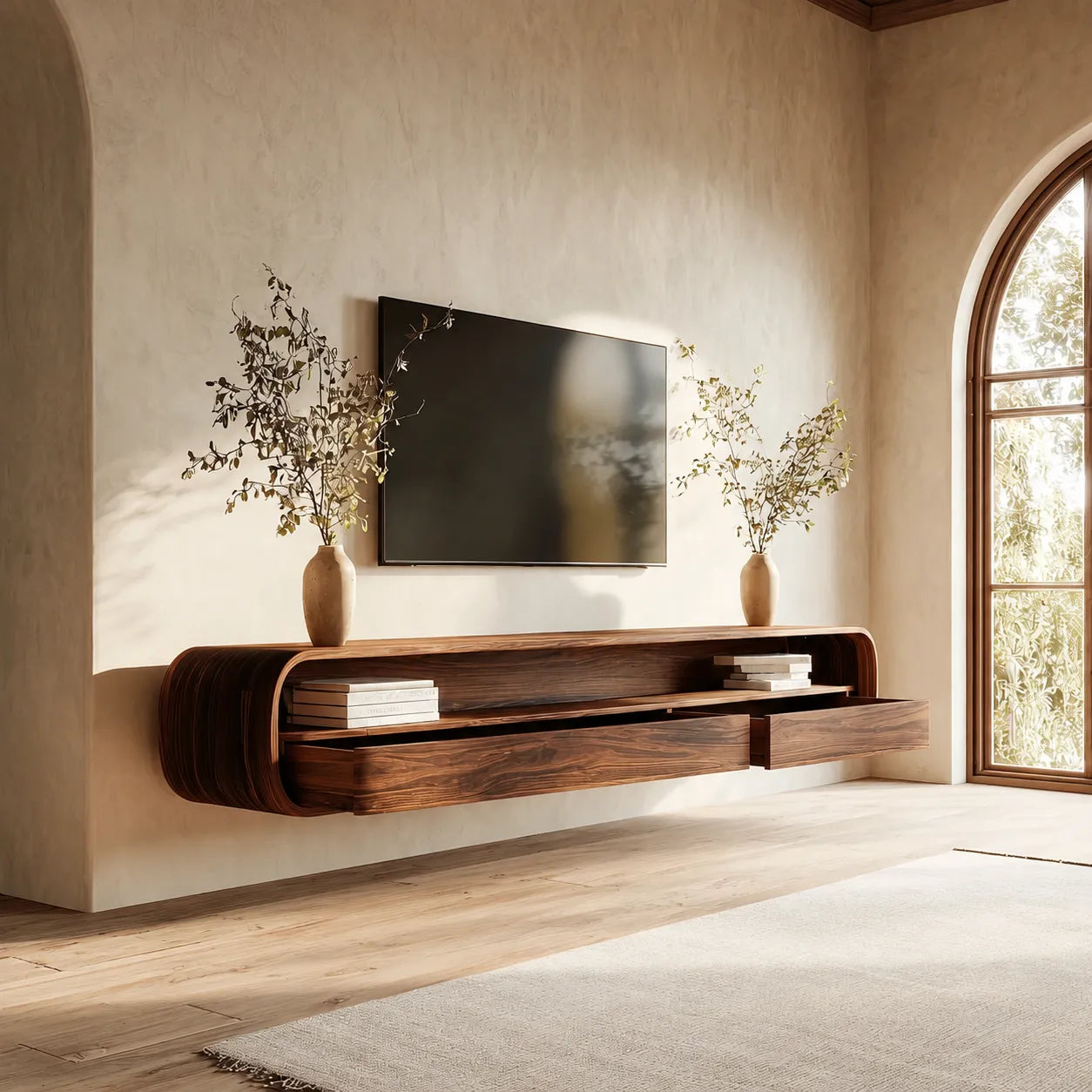 Floating Natural Solid Wood TV Stand with Curved Open Shelf Storage - Livewoodcraft - 8