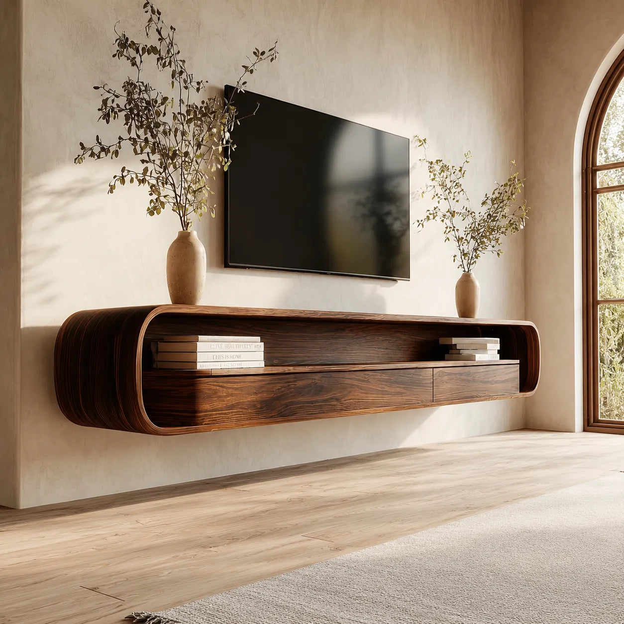 Floating Natural Solid Wood TV Stand with Curved Open Shelf Storage - Livewoodcraft - 9