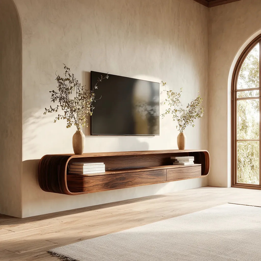 Floating Natural Solid Wood TV Stand with Curved Open Shelf Storage - Livewoodcraft