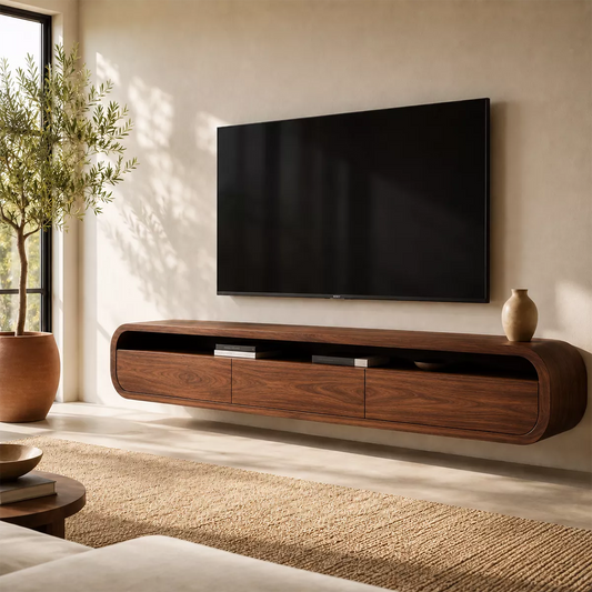Floating Rounded Solid Wood TV Stand With Open Media Shelf And Hidden Drawer Storage For Living Room - Livewoodcraft