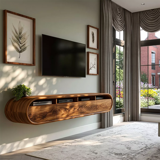 Floating Sculptural Solid Wood TV Stand With Rounded Capsule Frame And Open Media Storage For Modern Living Room - Livewoodcraft