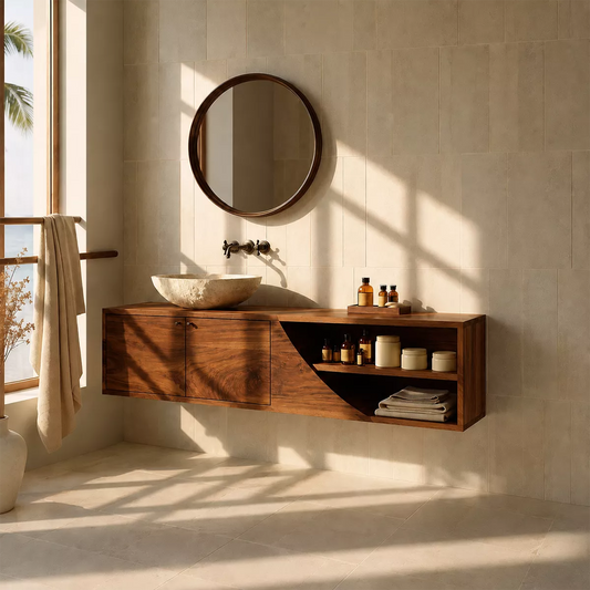 Floating Solid Wood Bathroom Vanity With Asymmetrical Open Shelf And Hidden Cabinet Storage - Livewoodcraft