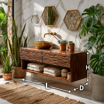 Floating Solid Wood Bathroom Vanity with Carved Wave Doors and Open Shelf - Livewoodcraft - 10