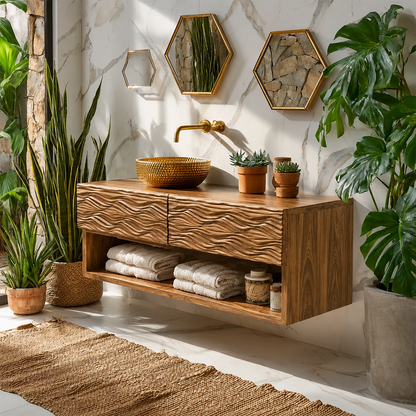 Floating Solid Wood Bathroom Vanity with Carved Wave Doors and Open Shelf - Livewoodcraft - 2