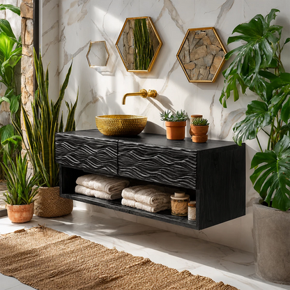 Floating Solid Wood Bathroom Vanity with Carved Wave Doors and Open Shelf - Livewoodcraft - 3