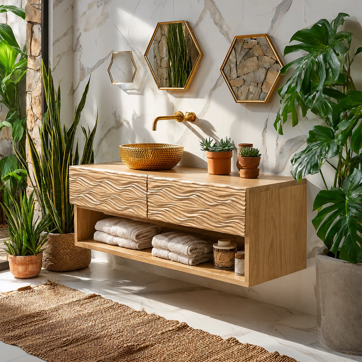 Floating Solid Wood Bathroom Vanity with Carved Wave Doors and Open Shelf - Livewoodcraft - 4