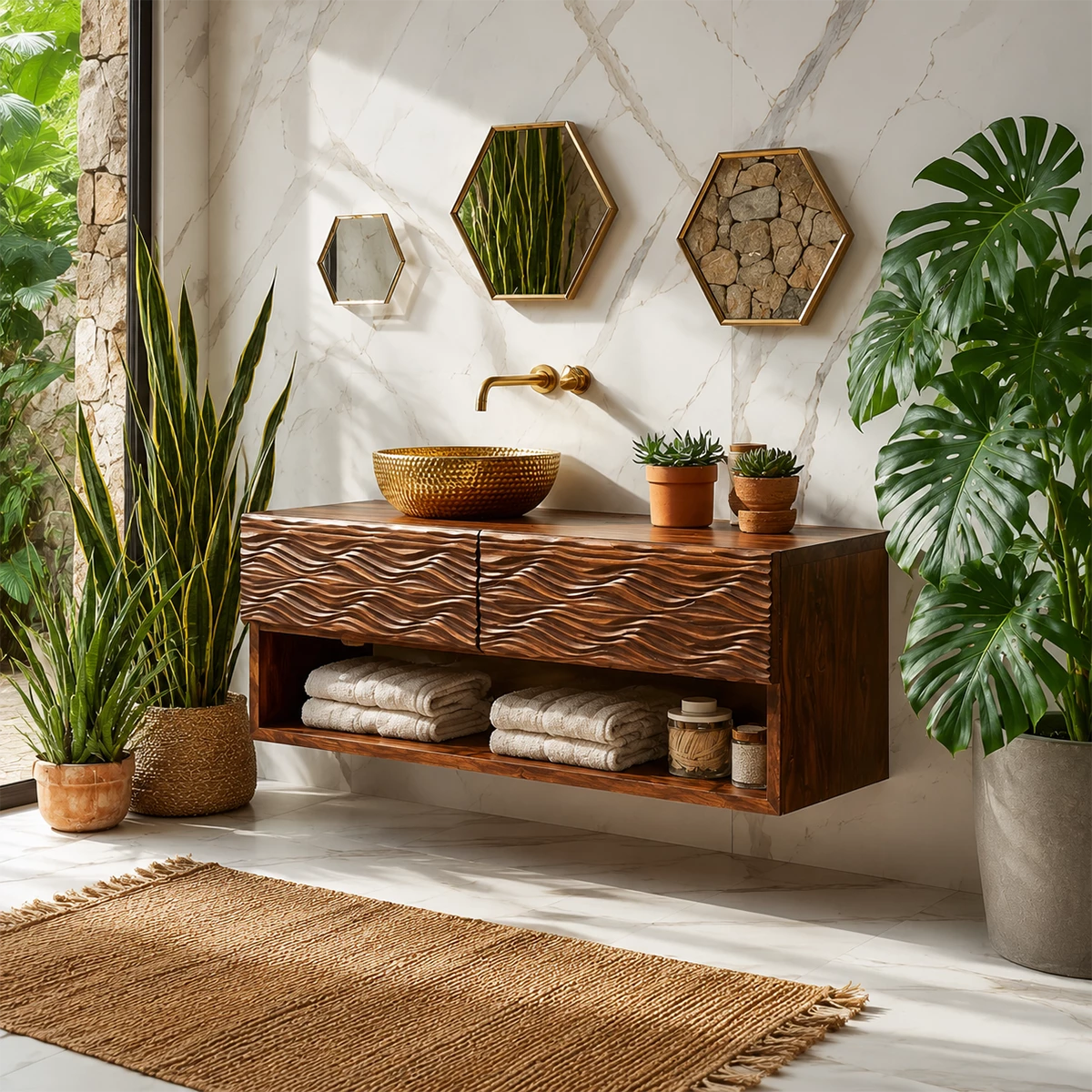 Floating Solid Wood Bathroom Vanity with Carved Wave Doors and Open Shelf - Livewoodcraft - 5