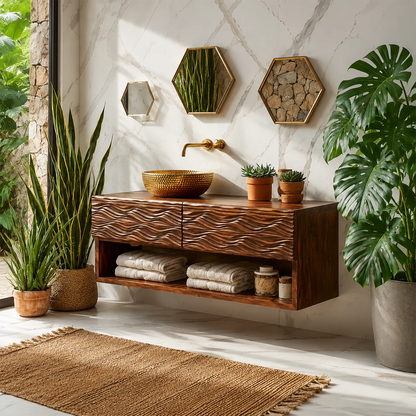 Floating Solid Wood Bathroom Vanity with Carved Wave Doors and Open Shelf - Livewoodcraft - 5