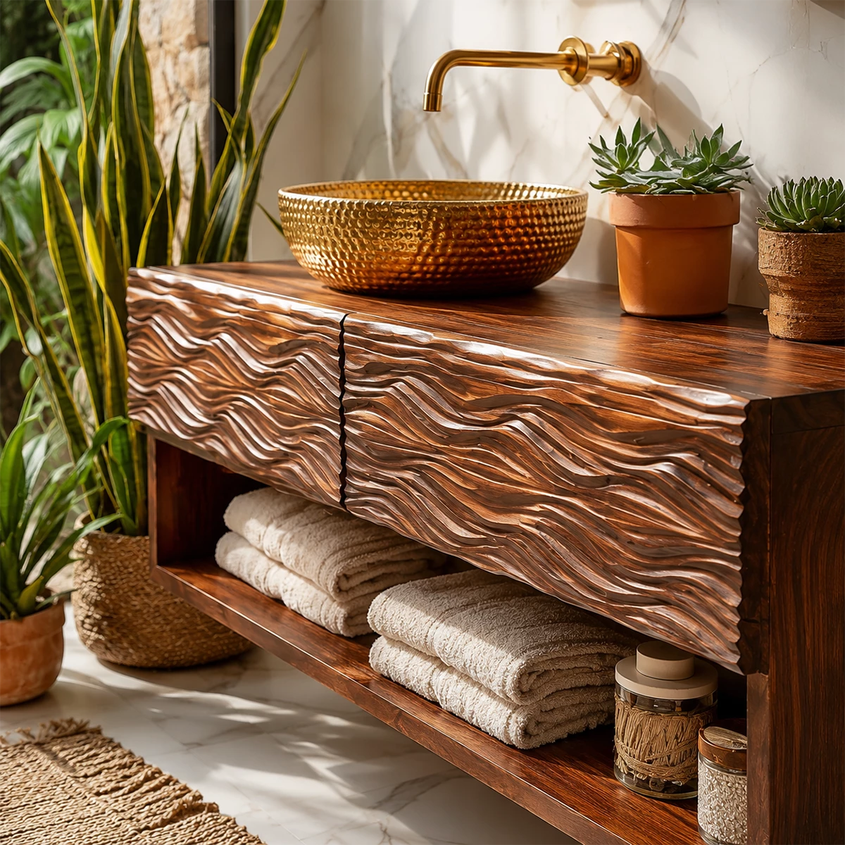 Floating Solid Wood Bathroom Vanity with Carved Wave Doors and Open Shelf - Livewoodcraft - 6