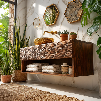 Floating Solid Wood Bathroom Vanity with Carved Wave Doors and Open Shelf - Livewoodcraft - 7