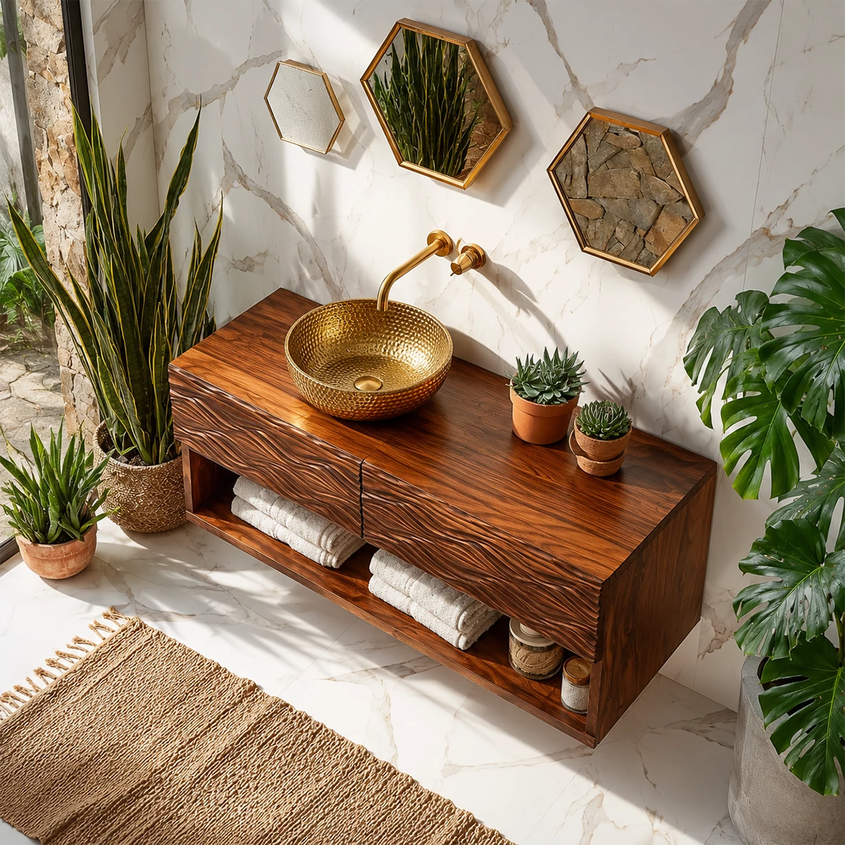 Floating Solid Wood Bathroom Vanity with Carved Wave Doors and Open Shelf - Livewoodcraft - 8