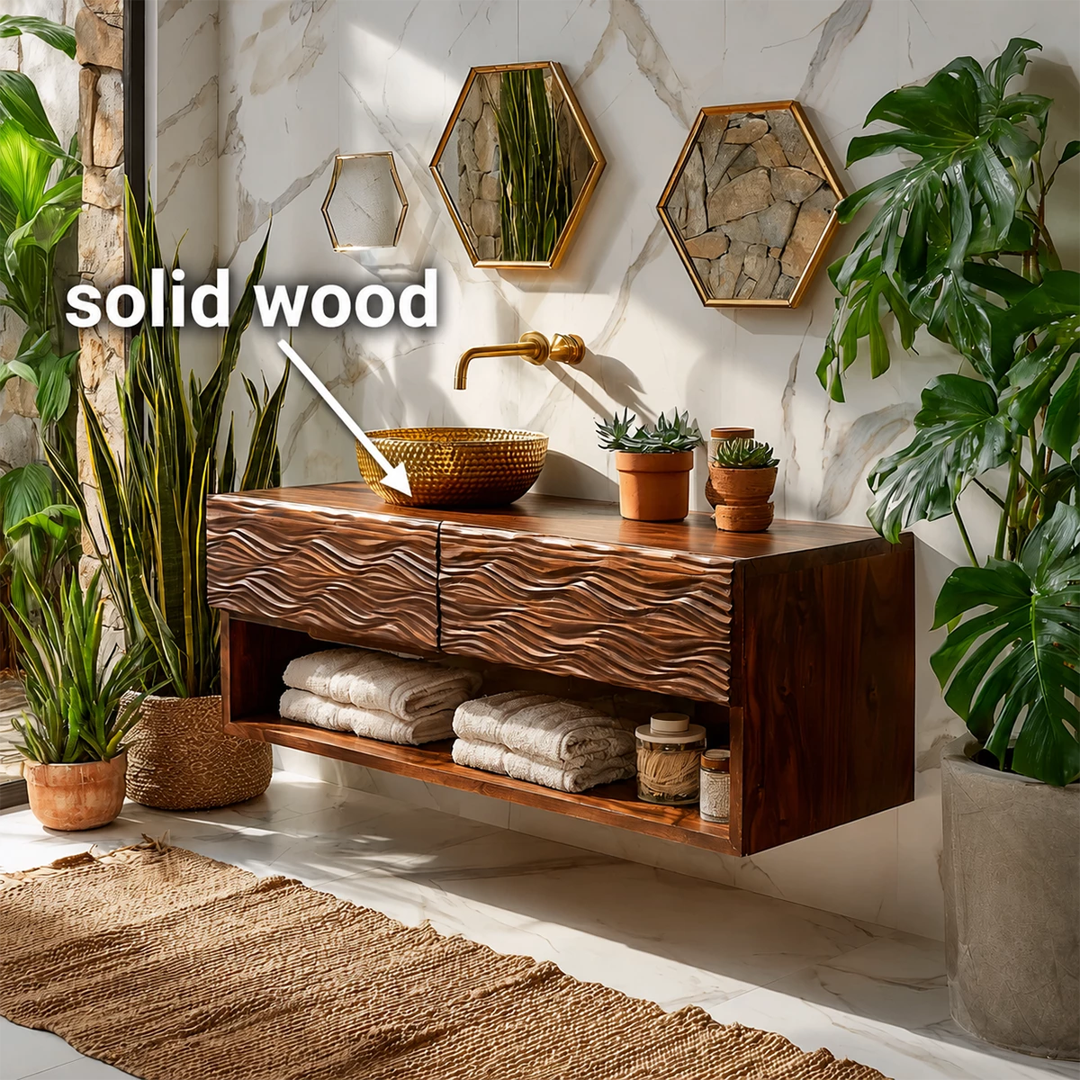 Floating Solid Wood Bathroom Vanity with Carved Wave Doors and Open Shelf - Livewoodcraft - 9
