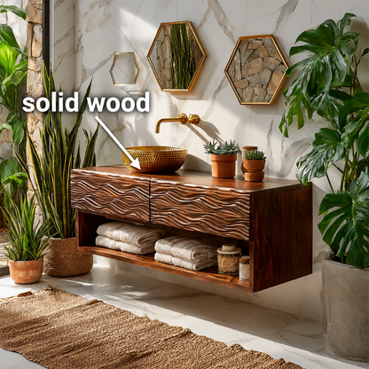 Floating Solid Wood Bathroom Vanity with Carved Wave Doors and Open Shelf - Livewoodcraft - 9