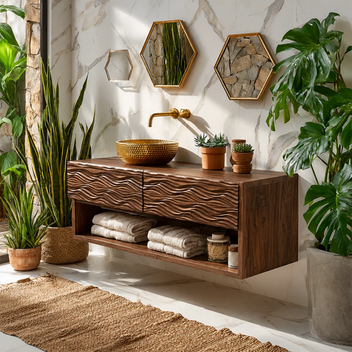 Floating Solid Wood Bathroom Vanity with Carved Wave Doors and Open Shelf - Livewoodcraft