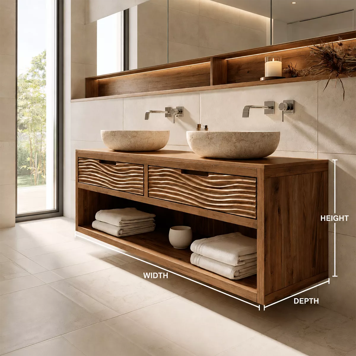 Floating Solid Wood Bathroom Vanity With Carved Wave Drawers And Open Shelf Storage - Livewoodcraft - 10