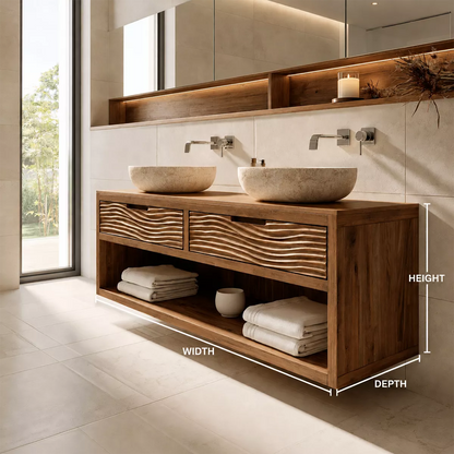 Floating Solid Wood Bathroom Vanity With Carved Wave Drawers And Open Shelf Storage - Livewoodcraft - 10