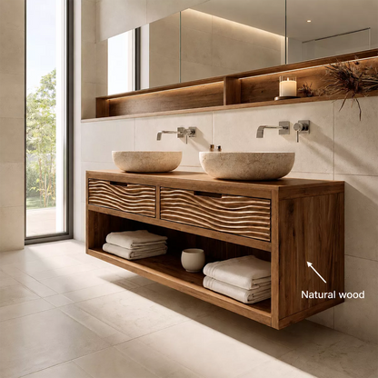Floating Solid Wood Bathroom Vanity With Carved Wave Drawers And Open Shelf Storage - Livewoodcraft - 11