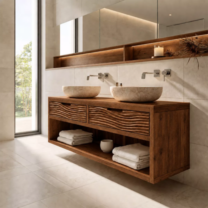 Floating Solid Wood Bathroom Vanity With Carved Wave Drawers And Open Shelf Storage - Livewoodcraft - 2