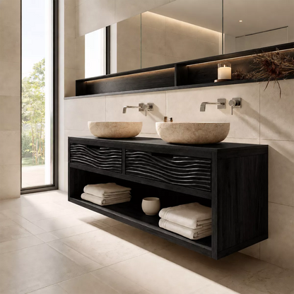 Floating Solid Wood Bathroom Vanity With Carved Wave Drawers And Open Shelf Storage - Livewoodcraft - 3