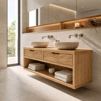 Floating Solid Wood Bathroom Vanity With Carved Wave Drawers And Open Shelf Storage - Livewoodcraft - 4