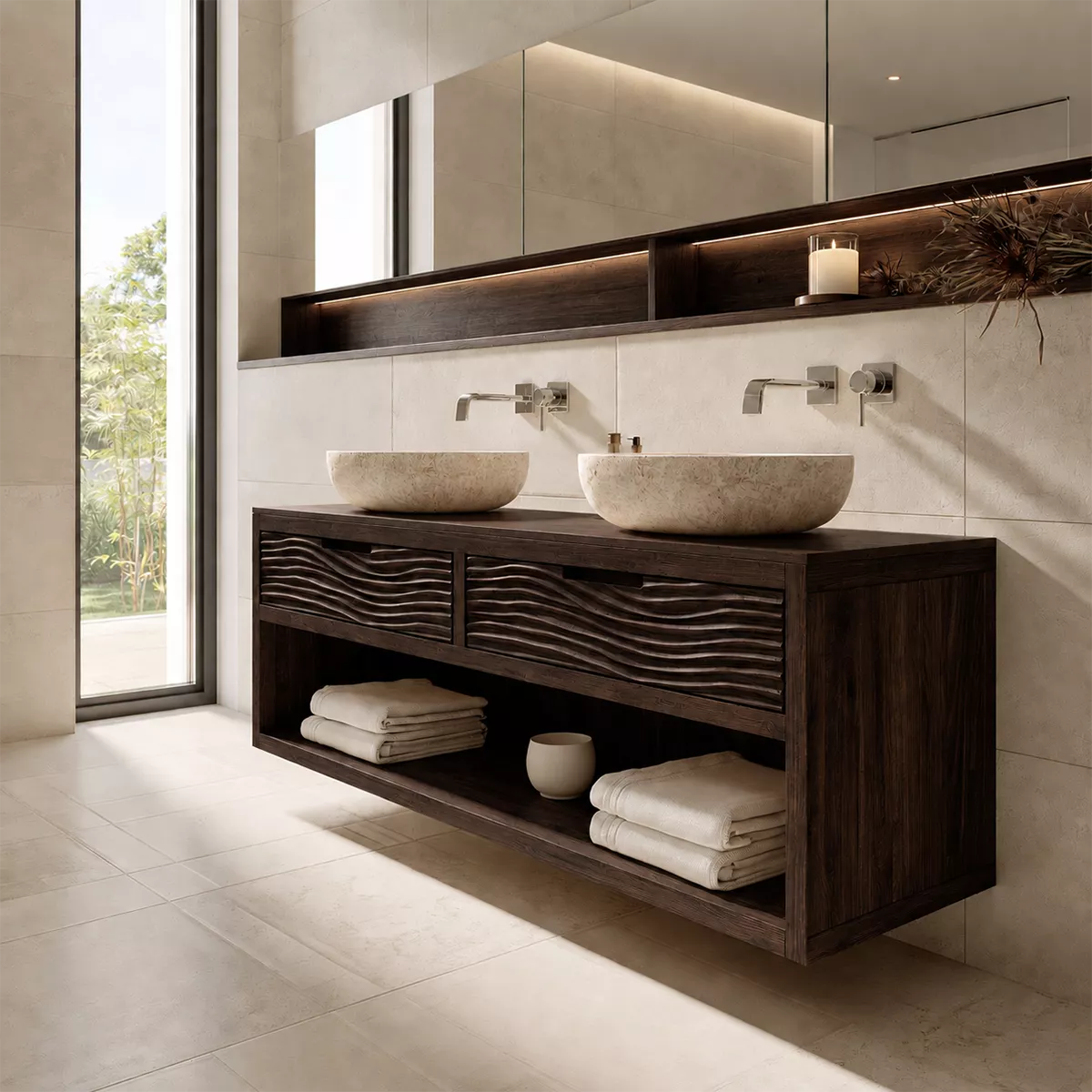 Floating Solid Wood Bathroom Vanity With Carved Wave Drawers And Open Shelf Storage - Livewoodcraft - 5