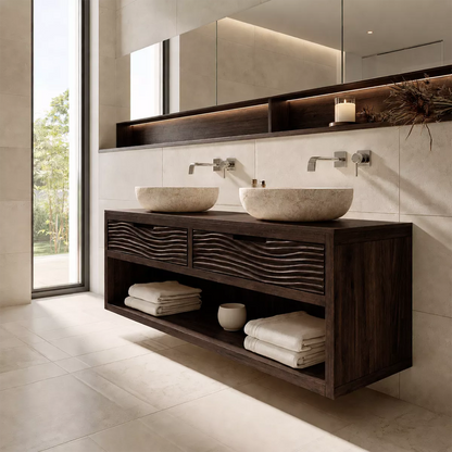 Floating Solid Wood Bathroom Vanity With Carved Wave Drawers And Open Shelf Storage - Livewoodcraft - 5