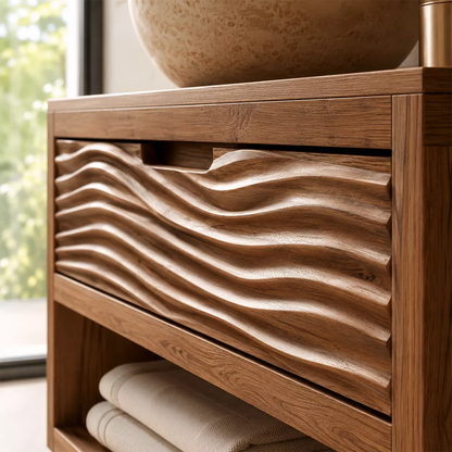 Floating Solid Wood Bathroom Vanity With Carved Wave Drawers And Open Shelf Storage - Livewoodcraft - 6