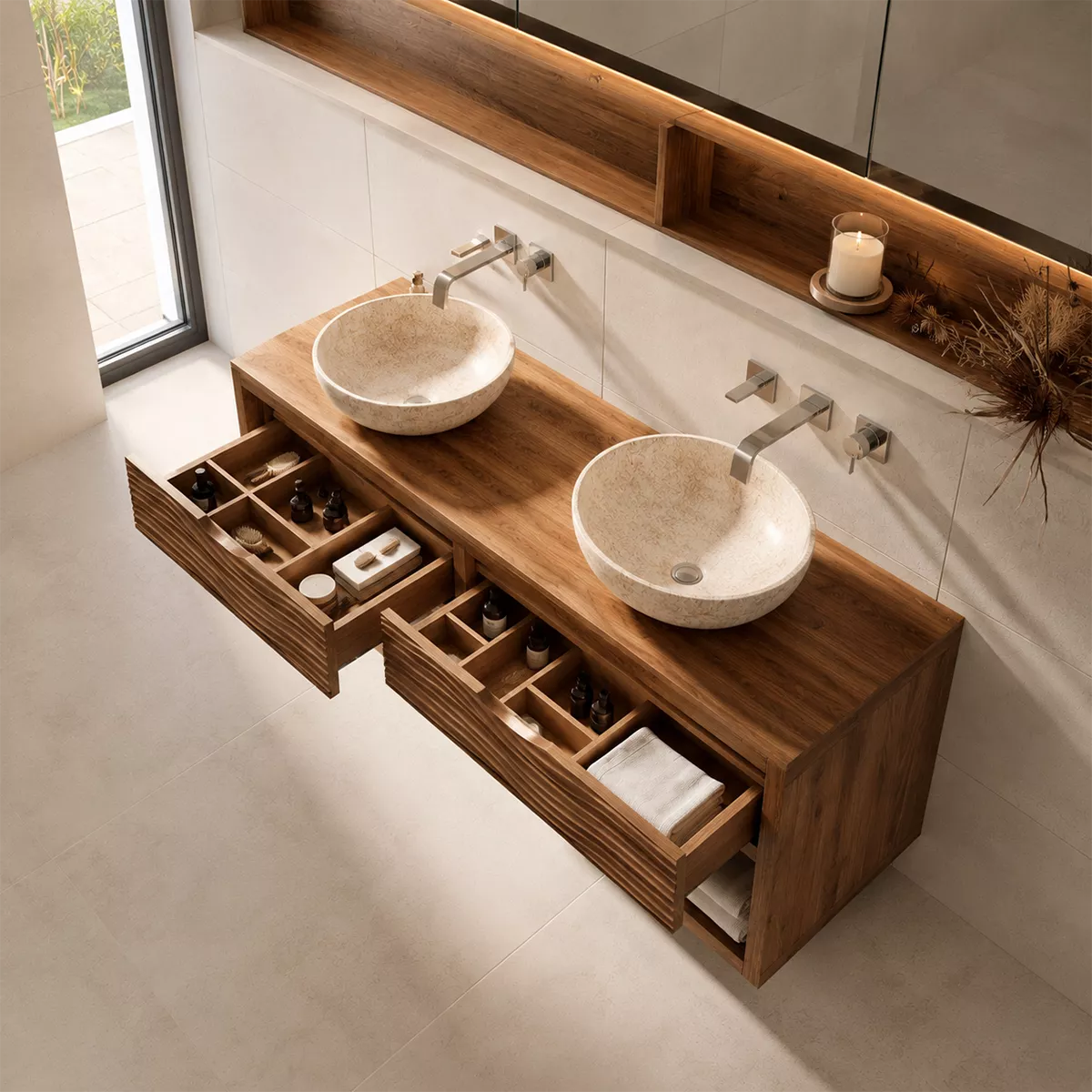 Floating Solid Wood Bathroom Vanity With Carved Wave Drawers And Open Shelf Storage - Livewoodcraft - 7