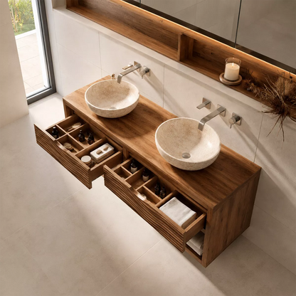 Floating Solid Wood Bathroom Vanity With Carved Wave Drawers And Open Shelf Storage - Livewoodcraft - 7