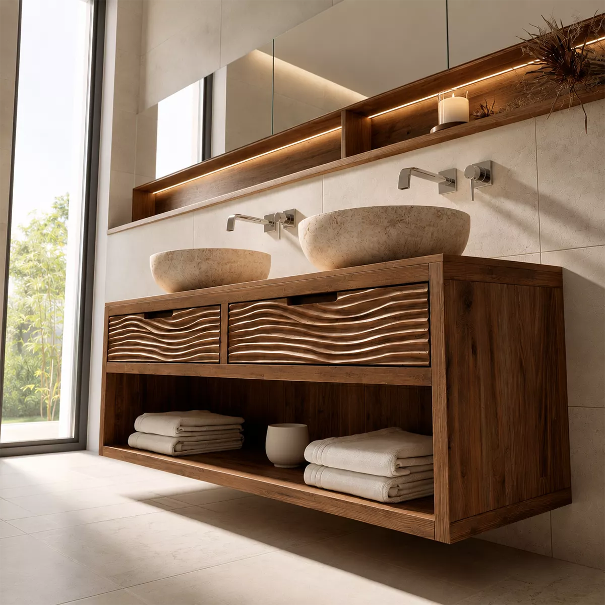 Floating Solid Wood Bathroom Vanity With Carved Wave Drawers And Open Shelf Storage - Livewoodcraft - 8