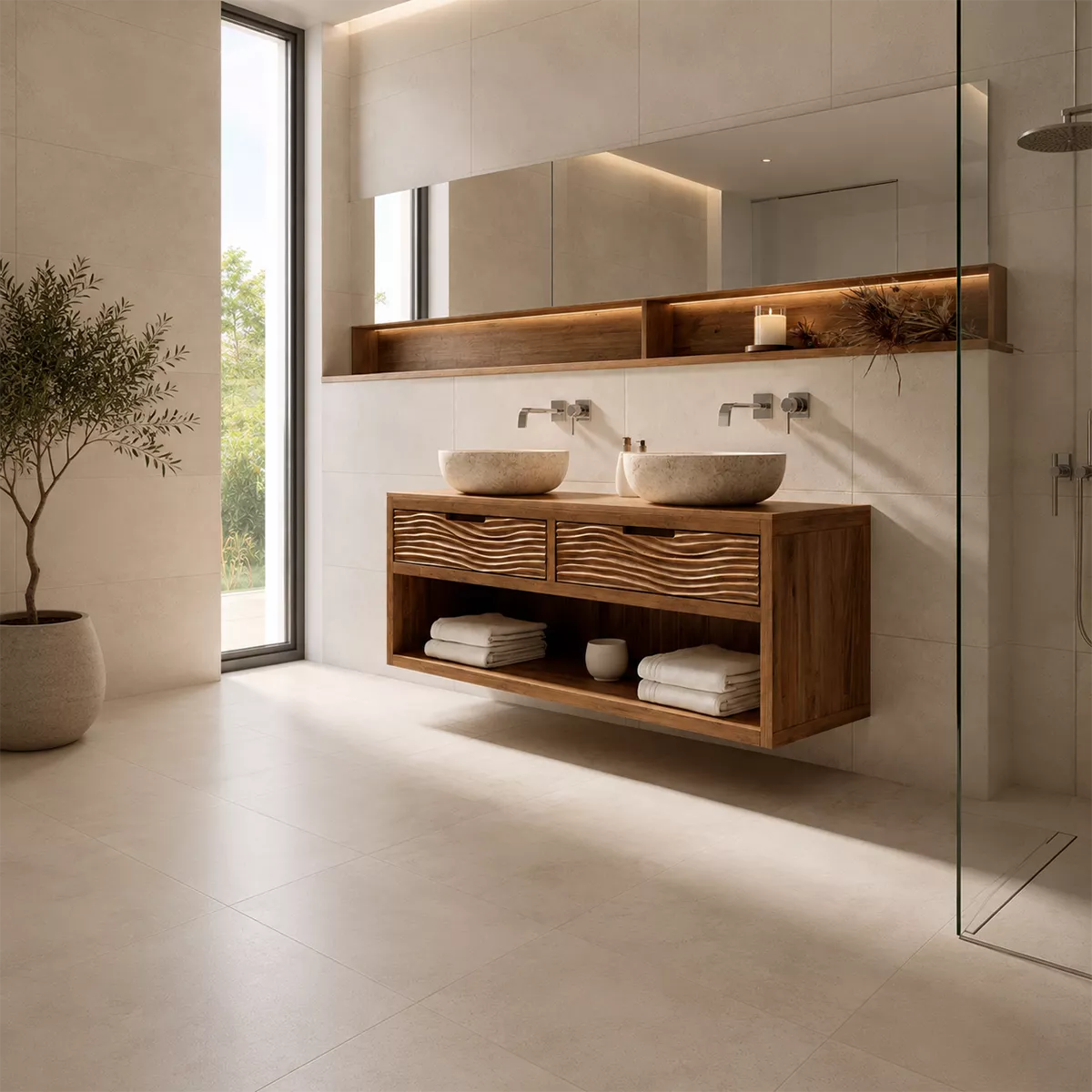 Floating Solid Wood Bathroom Vanity With Carved Wave Drawers And Open Shelf Storage - Livewoodcraft - 9
