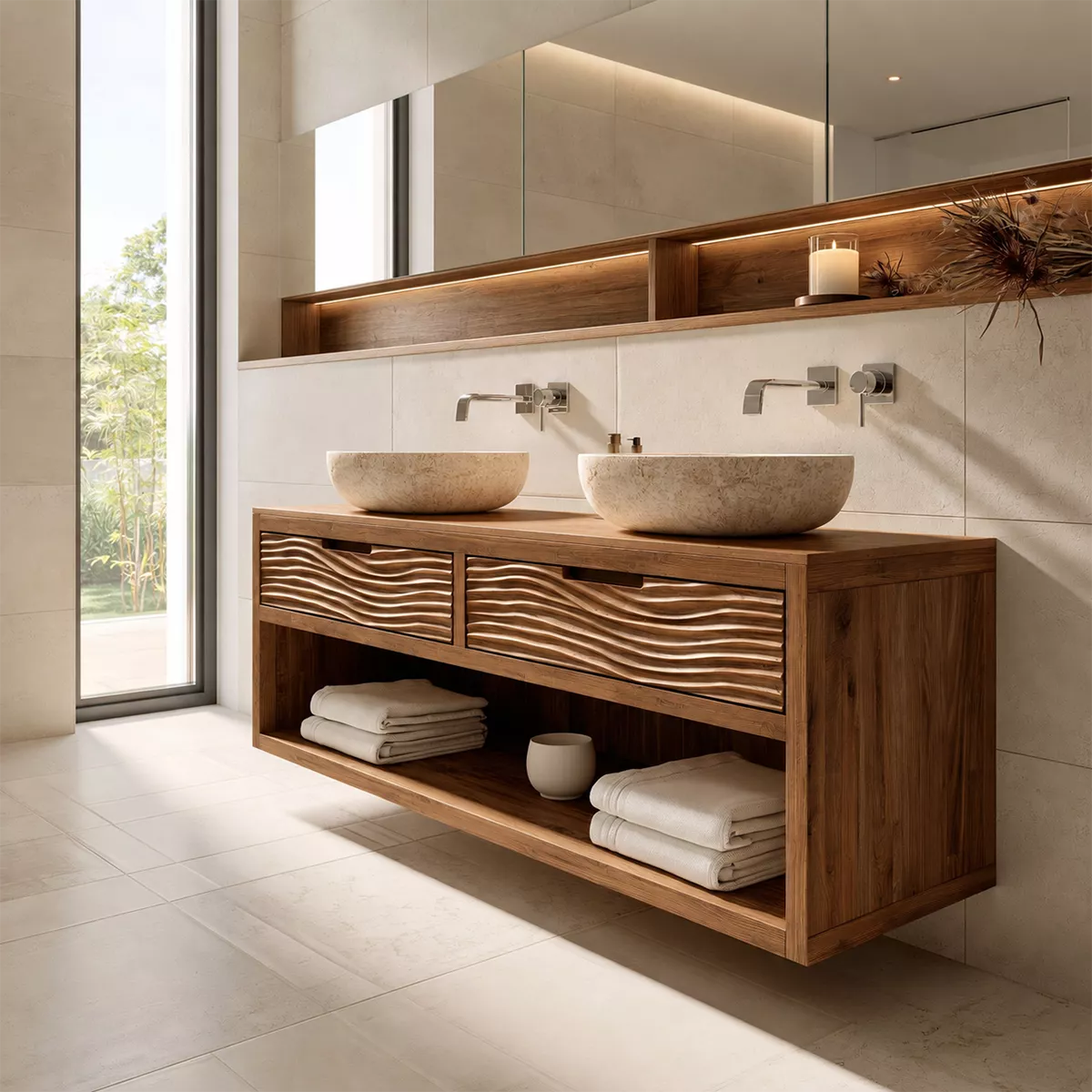 Floating Solid Wood Bathroom Vanity With Carved Wave Drawers And Open Shelf Storage - Livewoodcraft