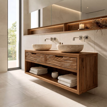 Floating Solid Wood Bathroom Vanity With Carved Wave Drawers And Open Shelf Storage - Livewoodcraft