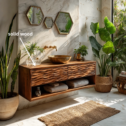 Floating Solid Wood Bathroom Vanity with Carved Wave Drawers and Open Storage - Livewoodcraft - 10