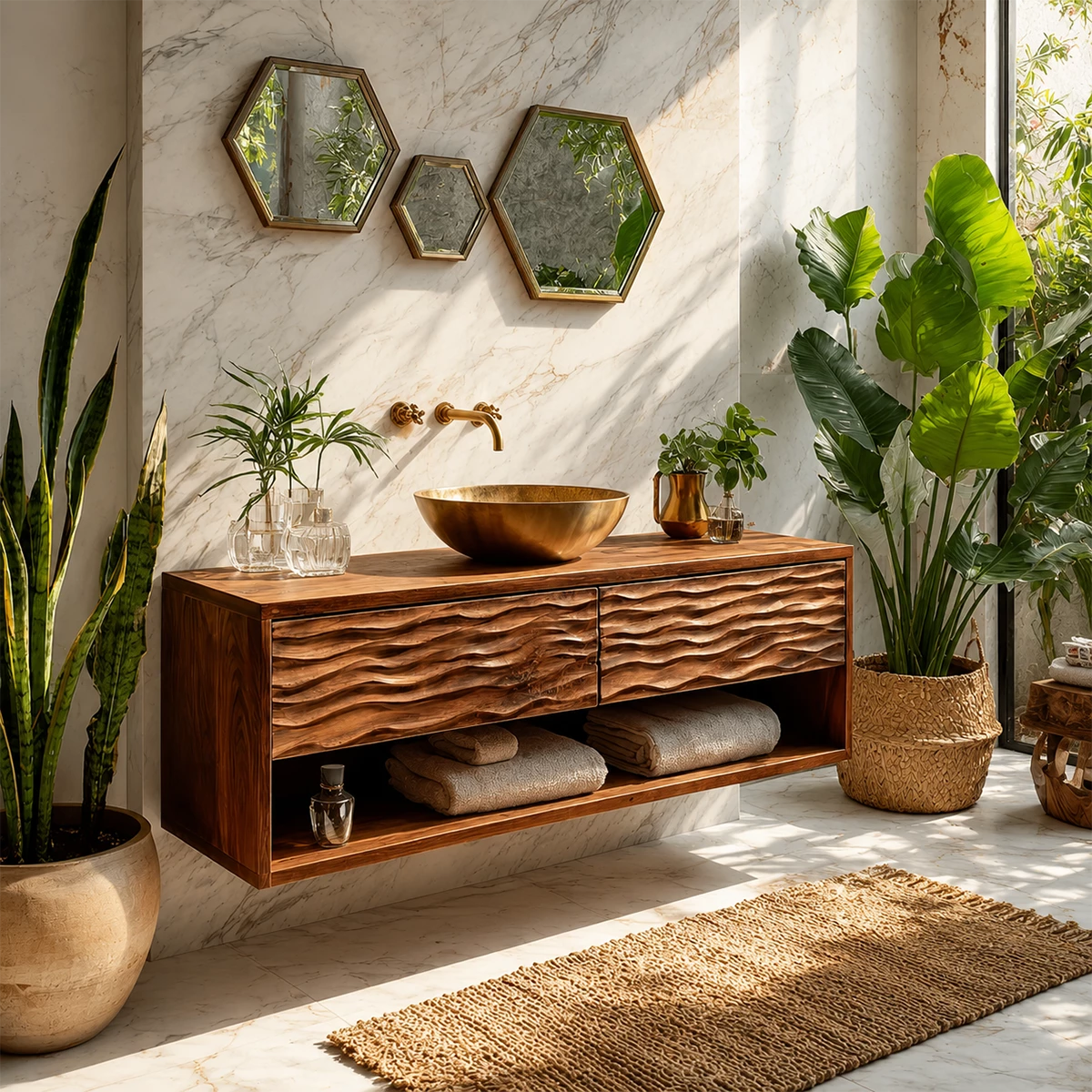 Floating Solid Wood Bathroom Vanity with Carved Wave Drawers and Open Storage - Livewoodcraft - 2