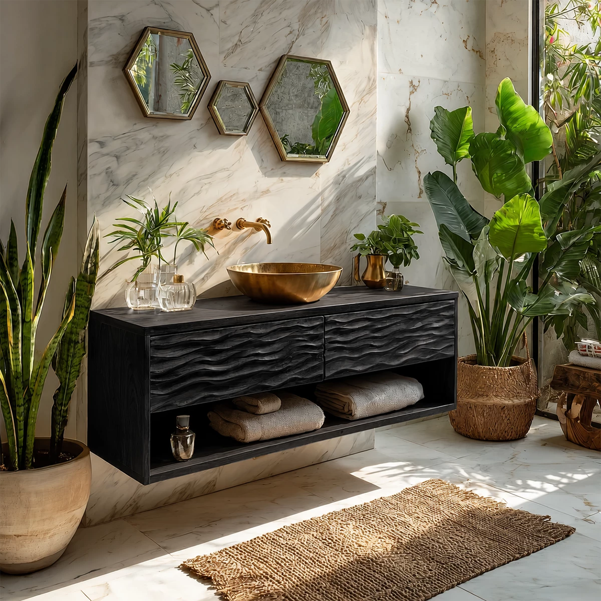Floating Solid Wood Bathroom Vanity with Carved Wave Drawers and Open Storage - Livewoodcraft - 3