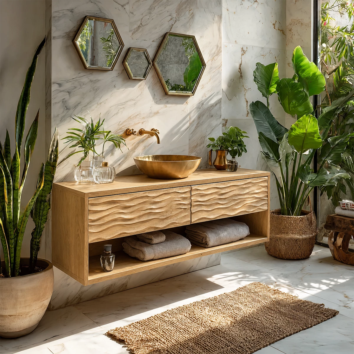 Floating Solid Wood Bathroom Vanity with Carved Wave Drawers and Open Storage - Livewoodcraft - 4