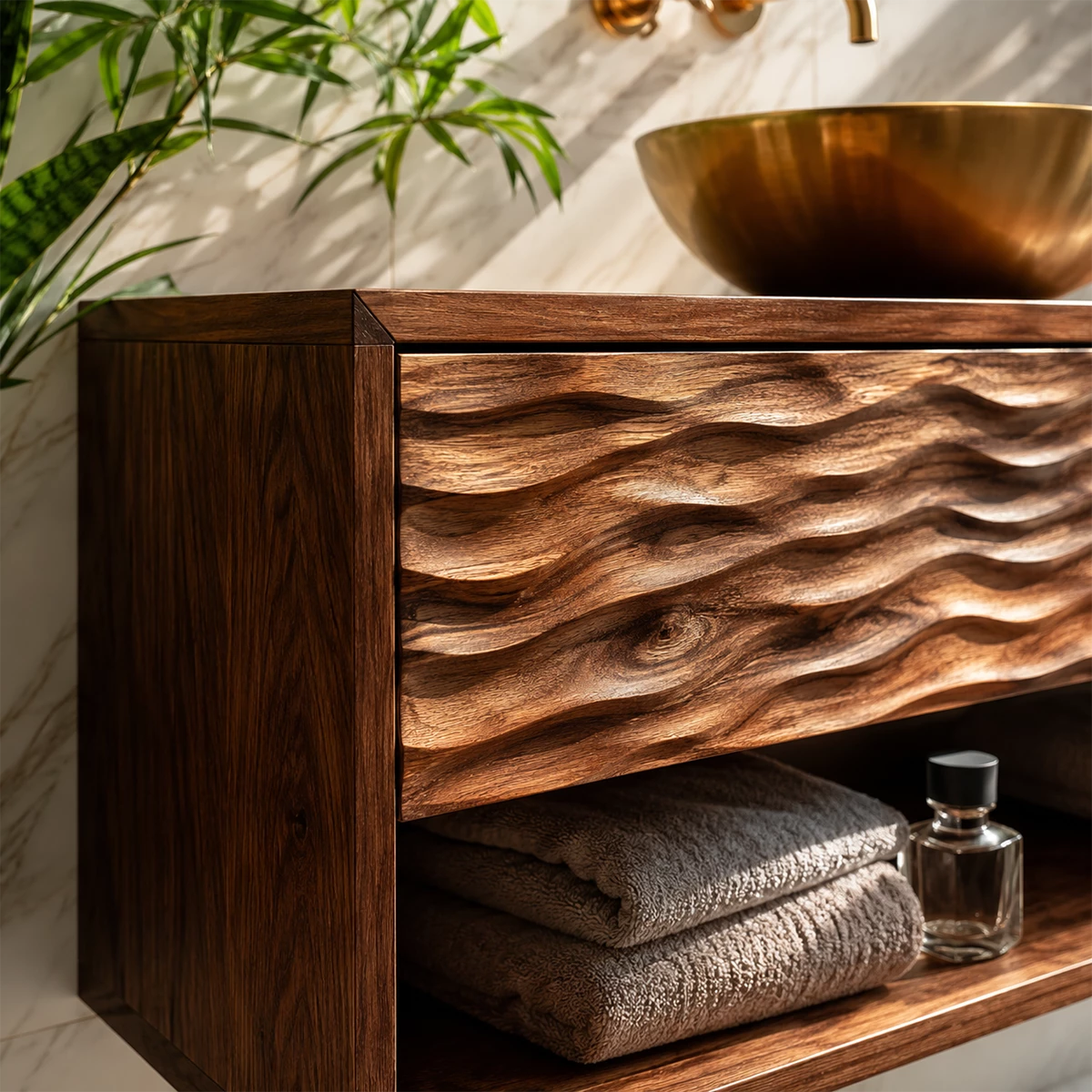Floating Solid Wood Bathroom Vanity with Carved Wave Drawers and Open Storage - Livewoodcraft - 5