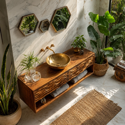 Floating Solid Wood Bathroom Vanity with Carved Wave Drawers and Open Storage - Livewoodcraft - 6