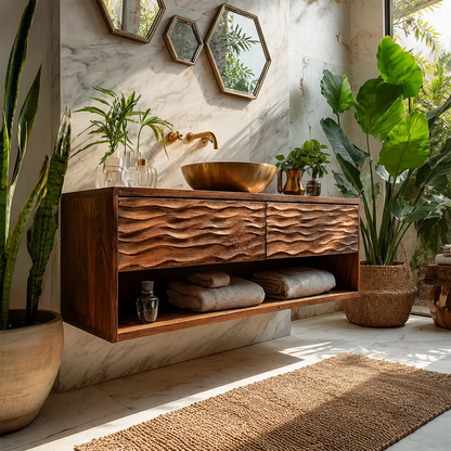 Floating Solid Wood Bathroom Vanity with Carved Wave Drawers and Open Storage - Livewoodcraft - 7