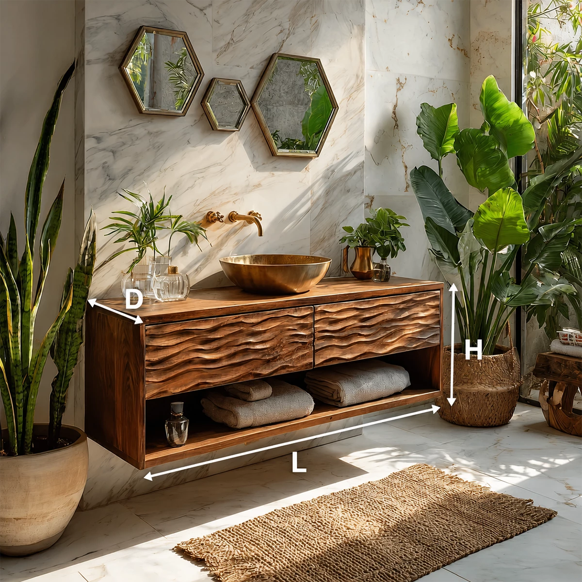 Floating Solid Wood Bathroom Vanity with Carved Wave Drawers and Open Storage - Livewoodcraft - 9