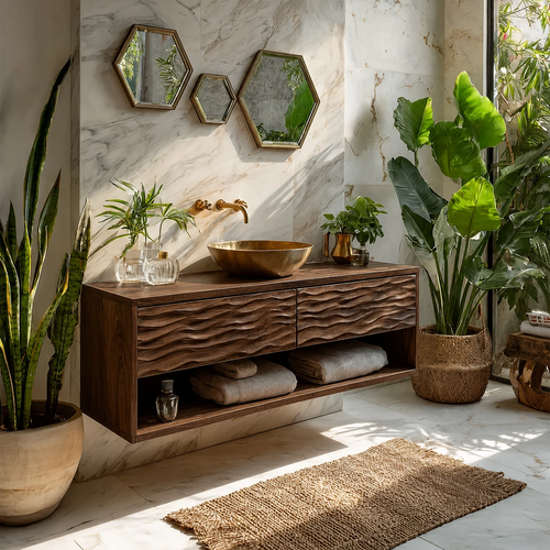 Floating Solid Wood Bathroom Vanity with Carved Wave Drawers and Open Storage - Livewoodcraft
