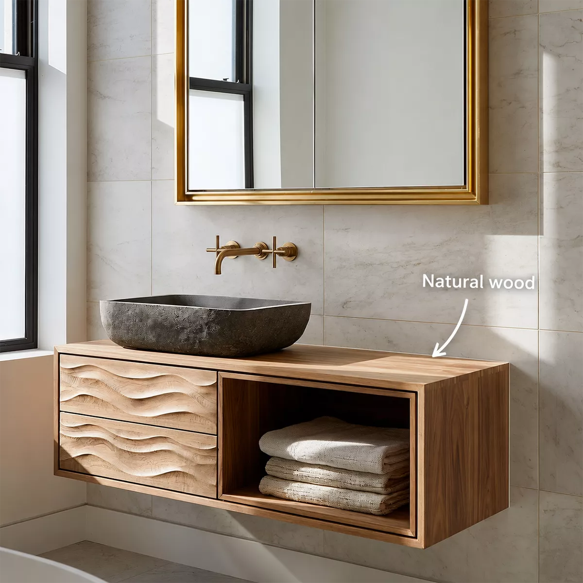 Floating Solid Wood Bathroom Vanity With Carved Wave Drawers And Open Towel Shelf - Livewoodcraft - 10