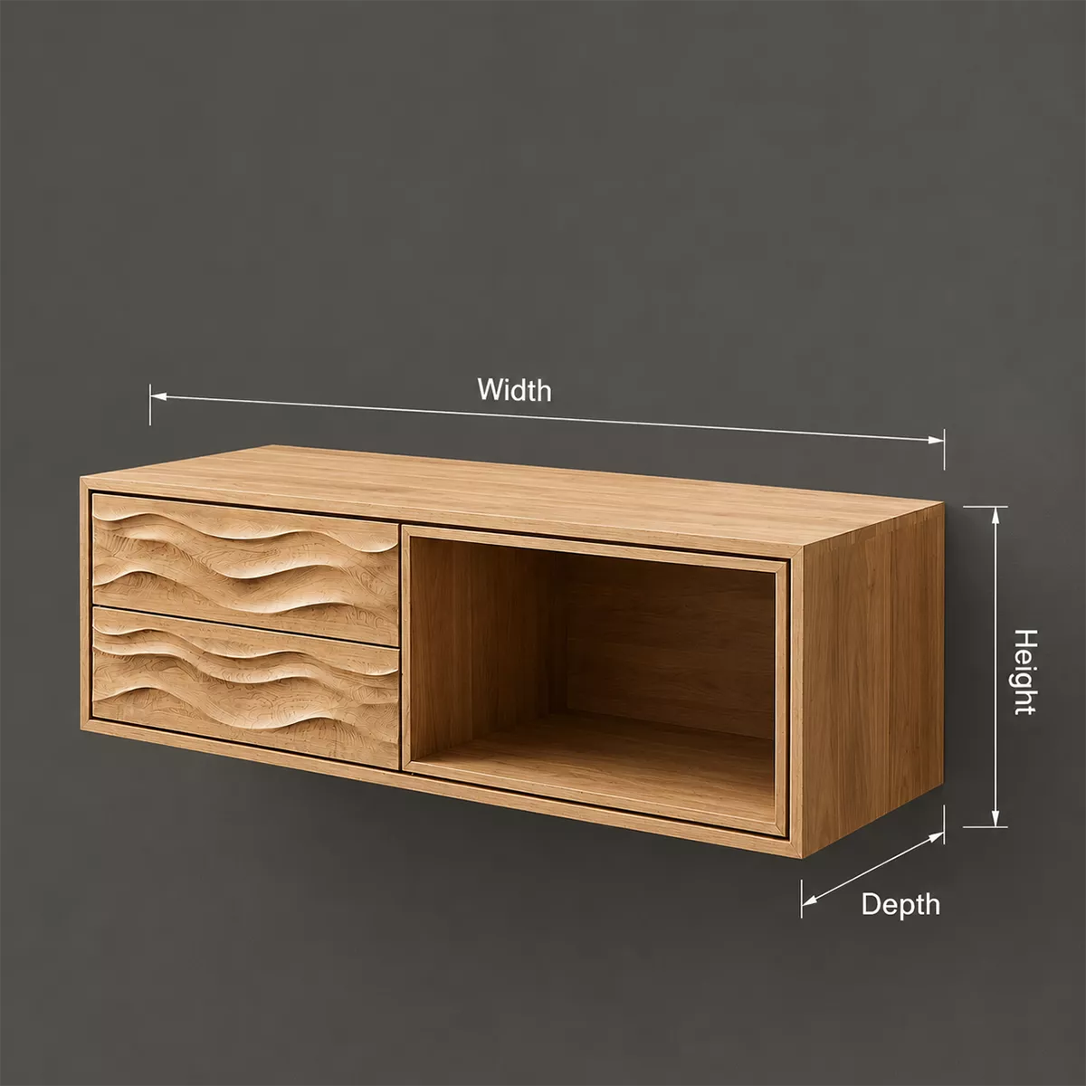 Floating Solid Wood Bathroom Vanity With Carved Wave Drawers And Open Towel Shelf - Livewoodcraft - 11