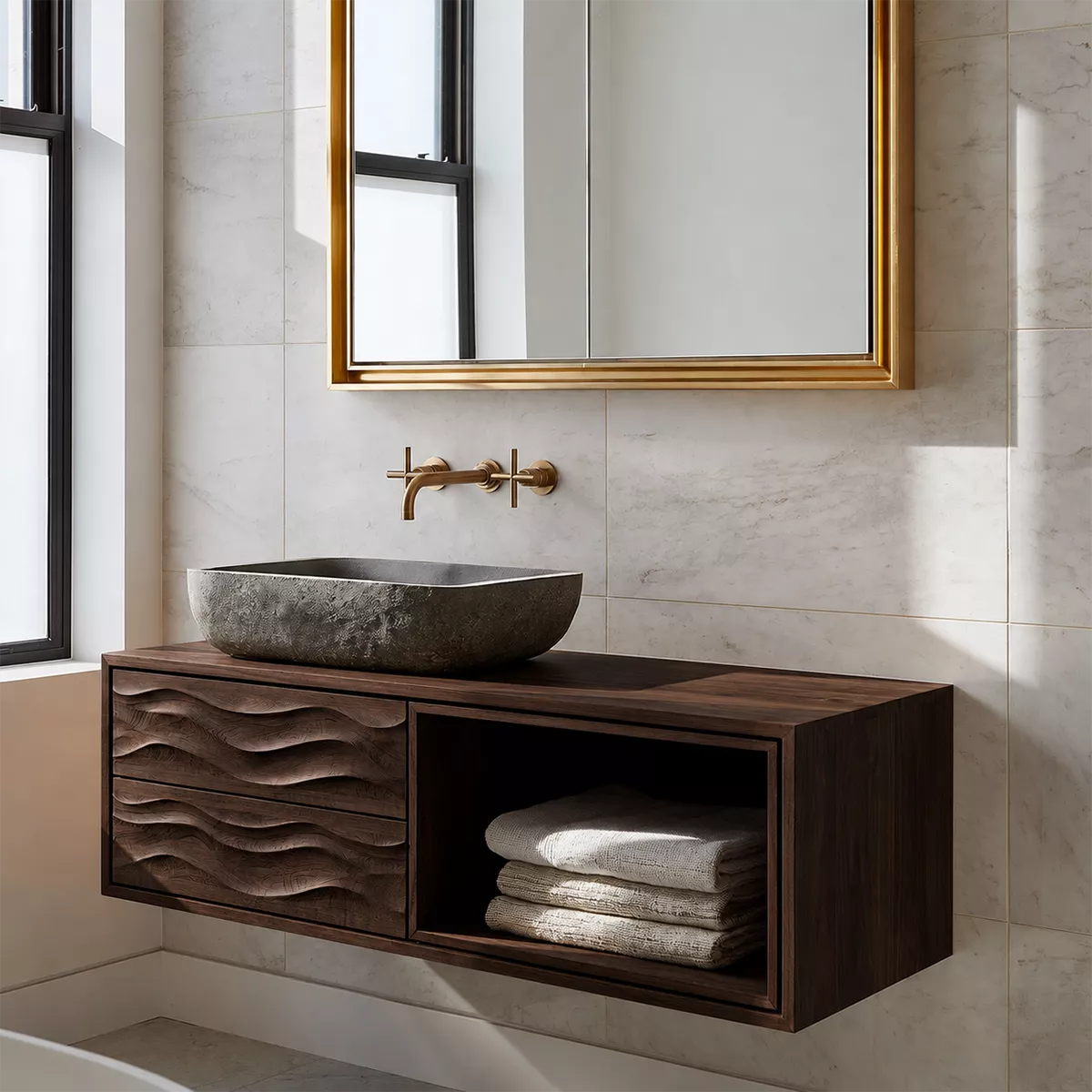 Floating Solid Wood Bathroom Vanity With Carved Wave Drawers And Open Towel Shelf - Livewoodcraft - 2