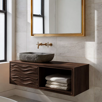 Floating Solid Wood Bathroom Vanity With Carved Wave Drawers And Open Towel Shelf - Livewoodcraft - 2